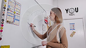 Teacher of english language writing on whiteboard