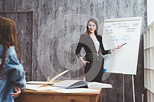 Teacher explaining differences between American and British spelling writing on whiteboard while adult students sitting