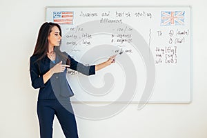 Teacher explaining differences between American and British spelling writing on whiteboard English language school