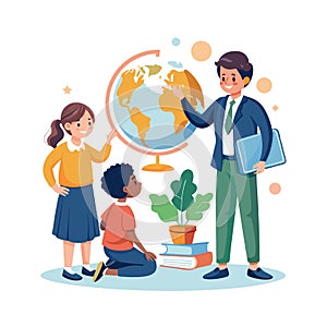 Teacher Explaining Geography to Students with Globe Illustration
