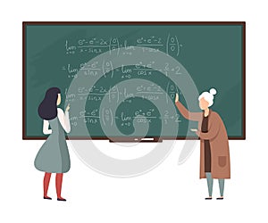 Teacher explains to student algebra on the blackboard vector illustration