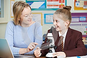 Teacher With Female Student Using Microscope In Science Class