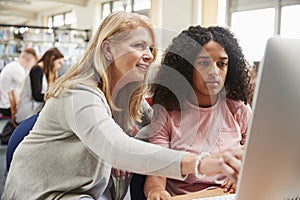 Teacher And Female Student Work On Computer In College Library