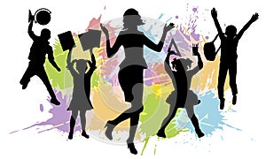 Teacher and first graders on background of color splash blot, silhouette of woman and school children. Vector illustration