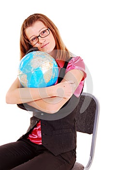 The teacher of geography with the globe.