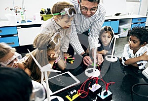 Teacher hands turning on solar windmill energy produce