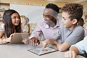 Teacher helping school kids using tablet computers in lesson