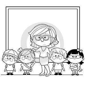 Teacher and her students in the classroom. Vector black and white coloring page.