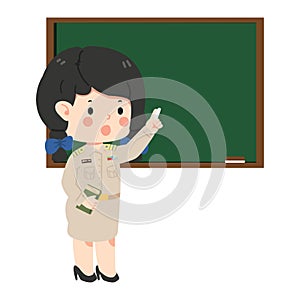 teacher holding chalk and book on green chalkboard