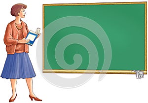 The teacher holds the book