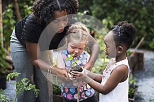 Teacher and kids school learning ecology gardening