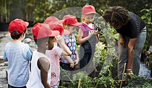 Teacher and kids school learning ecology gardening