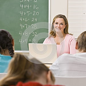 Teacher with laptop in classroom