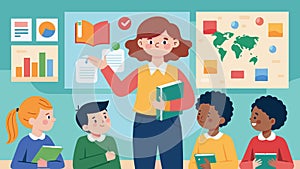 A teacher leading a classroom of children the walls adorned with maps and charts.. Vector illustration.