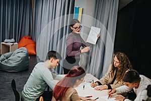 Teacher guiding students during an interactive classroom session