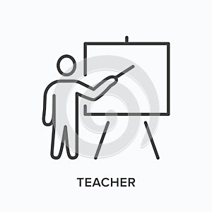 Teacher line icon. Vector outline illustration of man near blackboard. Business education lesson pictorgam