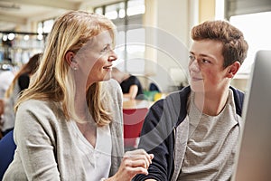 Teacher With Male Student Working On Computer In College Library