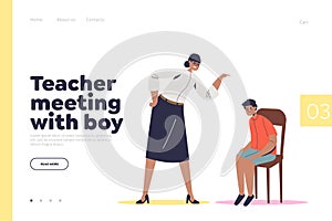 Teacher meeting with boy concept of landing page with angry principal scolding pupil