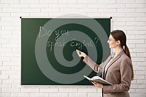 Teacher near green chalkboard with inscription Do You Speak English? in classroom