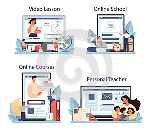 Teacher online service or platform set. Profesor standing photo