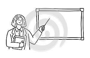 Teacher pointing on blackboard, education doodle vector illustration in line hand drawn style