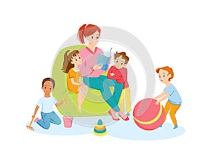 Teacher and preschool children read book together, young happy woman reading storybook