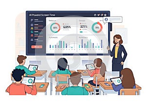 Teacher presenting data analytics dashboard to students in classroom setting