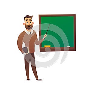 Teacher professor standing in front of blackboard teaching student in classroom