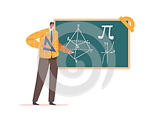 Teacher with Protractor Stand at Blackboard Explain Geometry Science to Students Isolated on White. Handsome Male Tutor