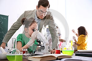 Teacher with pupil at chemistry lesson