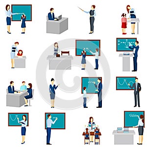 Teacher And Pupils Flat Icons Set