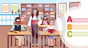 Teacher with pupils reading book wearing digital glasses virtual reality letters headset vision education concept modern