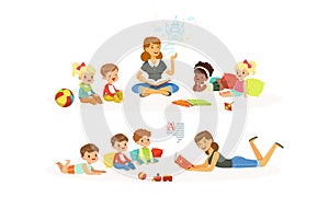 Teacher Reading Book to Kids in Kindergarten, Children Listening to Fairy Tale in Classroom at Primary School Cartoon