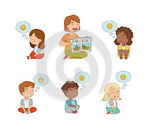 Teacher reading fairytale fantasy books to kids set. Little boys and girls with emojis in speech bubbles over of their