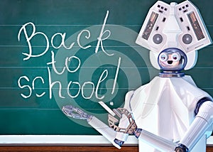 Teacher robot with artificial intelligence in school class blackboard.