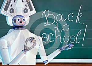 Teacher robot with schoolchild girl in school class near blackboard.