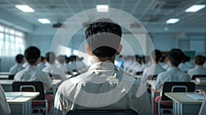 A teacher's back view with rows of students in uniforms facing a blackboard.. AI generated