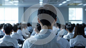 A teacher's back view with rows of students in uniforms facing a blackboard.. AI generated