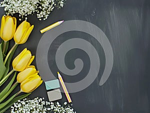 Teacher\'s day greeting card with yellow tulips on black chalkboard background