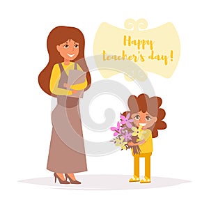 Teacher`s day. Student gives teacher flowers Vector. Cartoon. Isolated