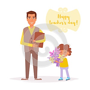 Teacher`s day. Student gives teacher flowers Vector. Cartoon. Isolated