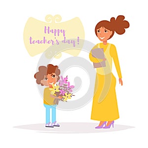 Teacher`s day. Student gives teacher flowers Vector. Cartoon. Isolated