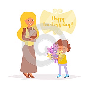 Teacher`s day. Student gives teacher flowers Vector. Cartoon. Isolated