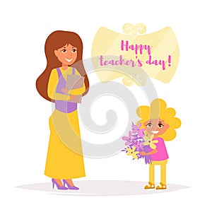 Teacher`s day. Student gives teacher flowers Vector. Cartoon. Isolated