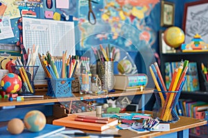 teacher's desk personalized with items that reflect their passion for teaching, student artwork, and subject-related