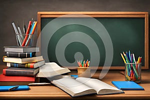 Teacher`s desk with writing materials and books on a school class.