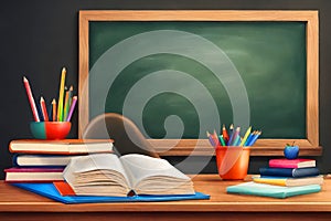 Teacher`s desk with writing materials and books on a school class.