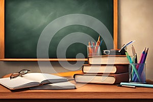 Teacher`s desk with writing materials and books on a school class. photo