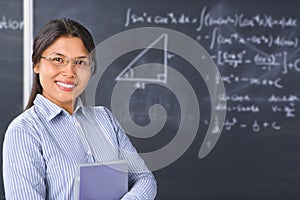 Teacher or Scholar pose in front of blackboard