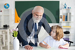 Teacher and school boy. Elementary pupil reading and writing with teacher in classroom.